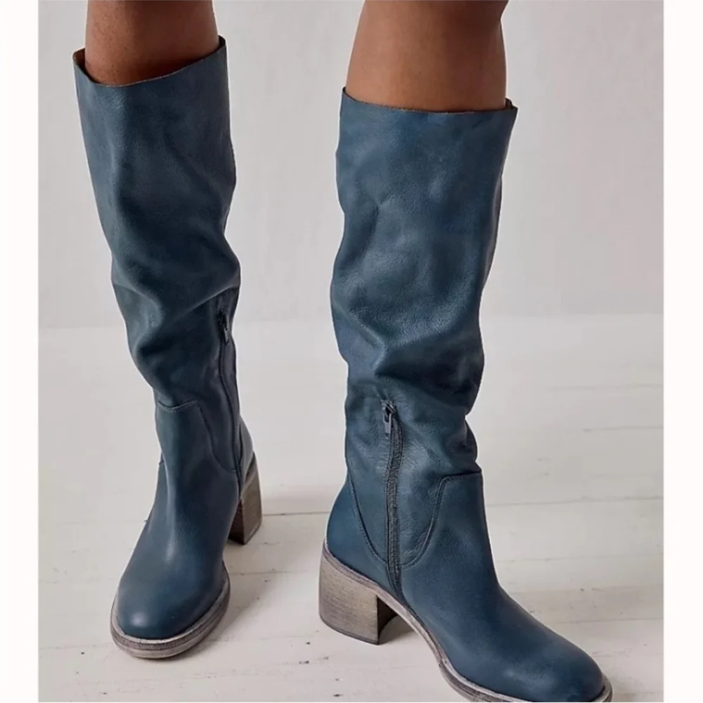 FREE PEOPLE Essential Boots 36 / 6 Washed Out Black Leather Tall Block Heel Boho - Picture 3 of 16